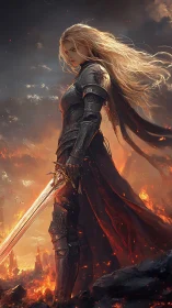 Armored female warrior with flaming sword in ruinous landscape.