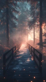 Wooden forest bridge in volumetric dusk light and embers