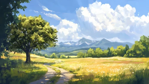 Sunlit country path curves through golden summer meadow.