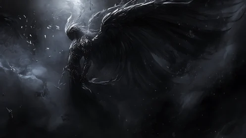 Winged dark humanoid figure suspended in swirling shadows.