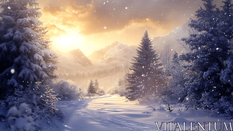 Snow-covered forest path under winter mountain sunset.