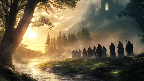 Sunlit forest pilgrimage toward the glowing mountain gate.