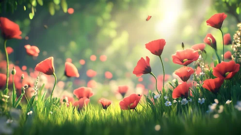 Red poppies bloom in sunlit meadow.