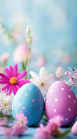 Pastel Easter eggs with spring flowers on blue background.