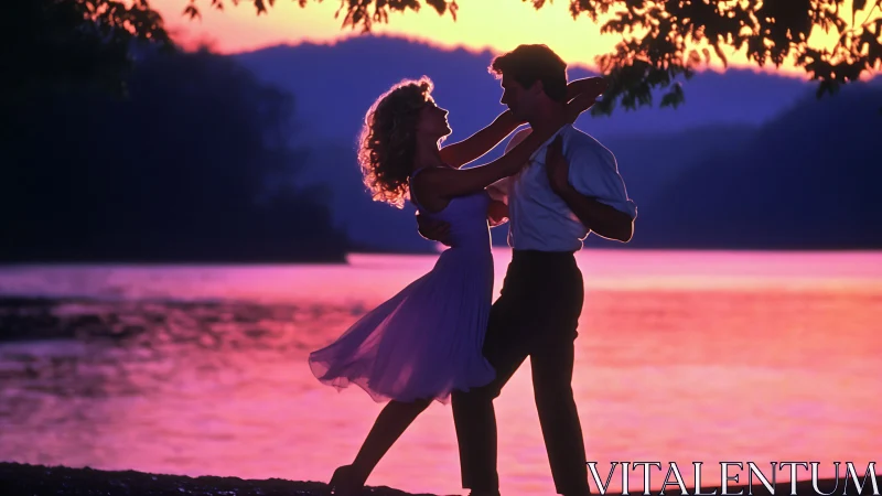 Silhouetted couple in dynamic embrace during golden hour lakeside sunset with atmospheric depth laye
