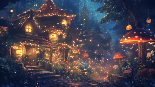 Enchanted forest cottage glows under lanternlit night sky.