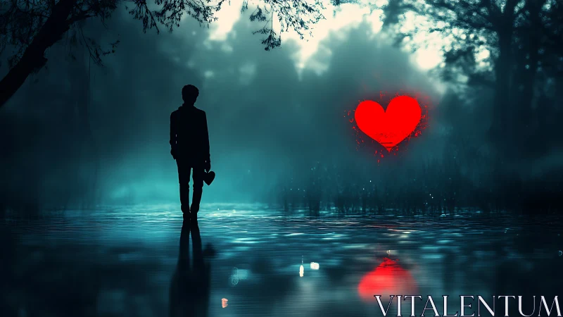 Solitary Figure Traversing Flooded Forest with Luminous Red Heart Symbol