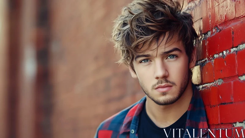 Urban portrait of young man beside weathered red brick wall.