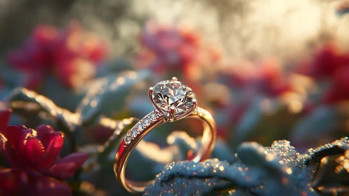 Golden diamond ring glowing softly in a dreamy garden scene.