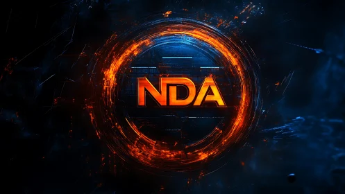 Glowing NDA logotype pulses within circular cyber shield