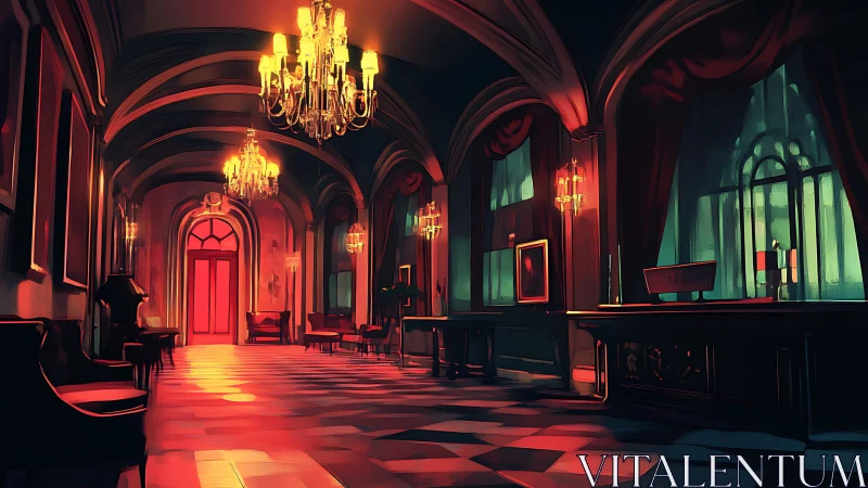 Gilded palace corridor under dramatic cinematic lighting.