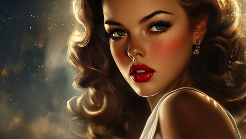 Retro glam portrait of woman with glossy red lips.