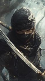 Stealthy hooded ninja with drawn katana in forest light.