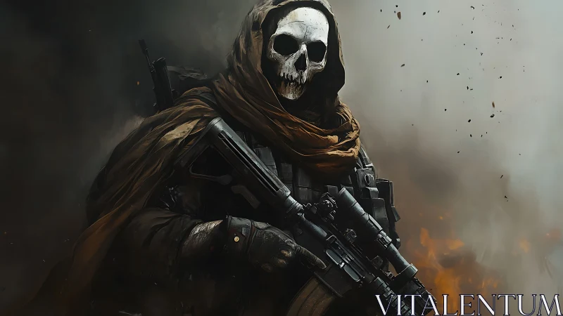 Mysterious skull-masked soldier emerging from smoky battle.