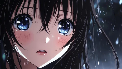 Rain-soaked anime portrait captures luminous, tearful eyes