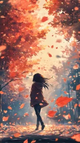 Girl in autumn street walks through swirling red leaves.