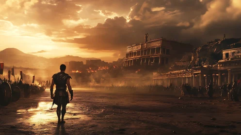 Lone ancient warrior facing burning city at dusk.