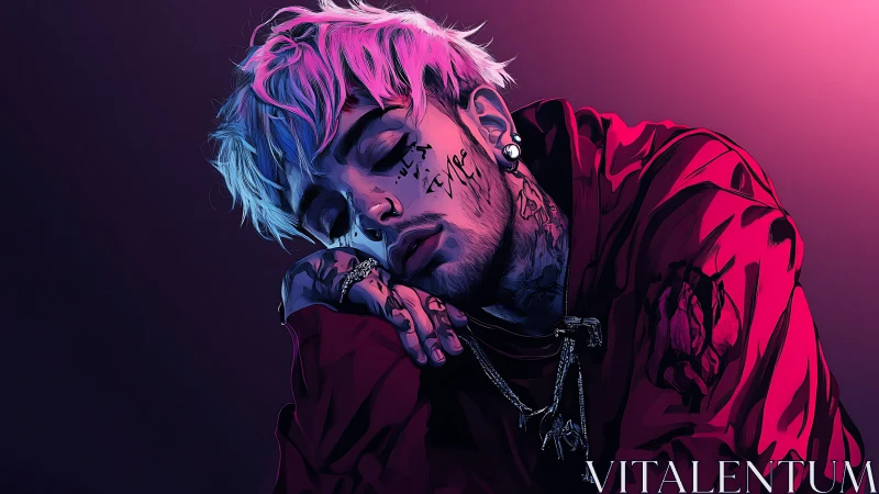 Neon-lit tattooed figure resting in vivid magenta haze.