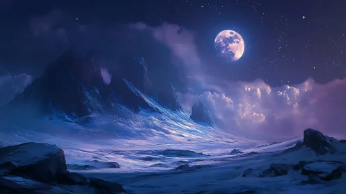 Frozen alien peaks under luminous violet moonlit sky.