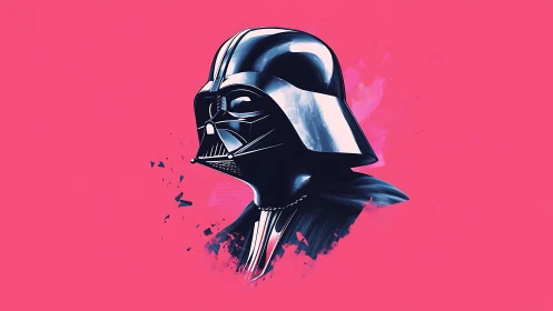 Dark sci-fi helmet portrait shimmers on bold pink ground