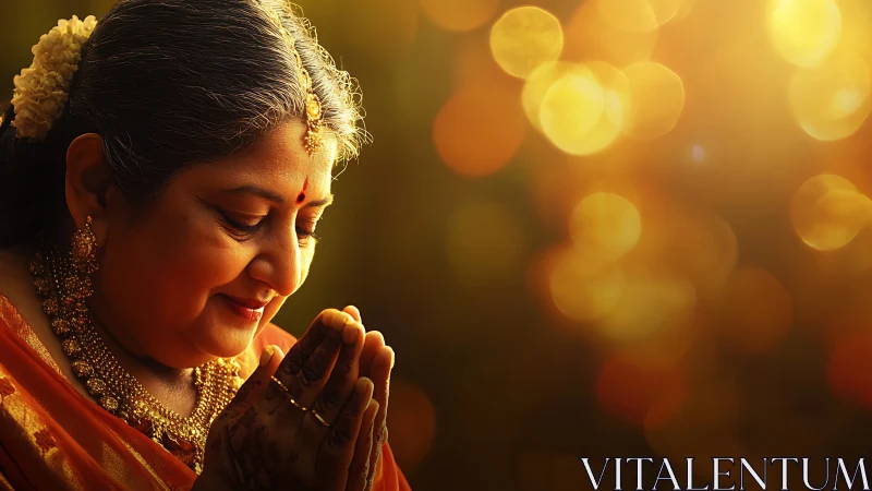 Elderly Indian woman praying with folded hands, warm golden bokeh.