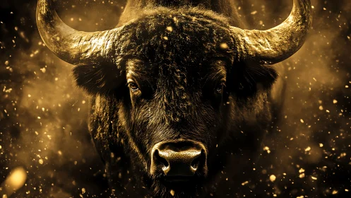Bull head centered in frame, lit by strong golden highlights