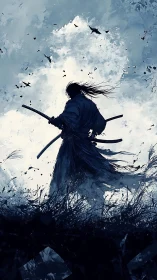 Silhouetted swordsman stands against a turbulent abstract sky