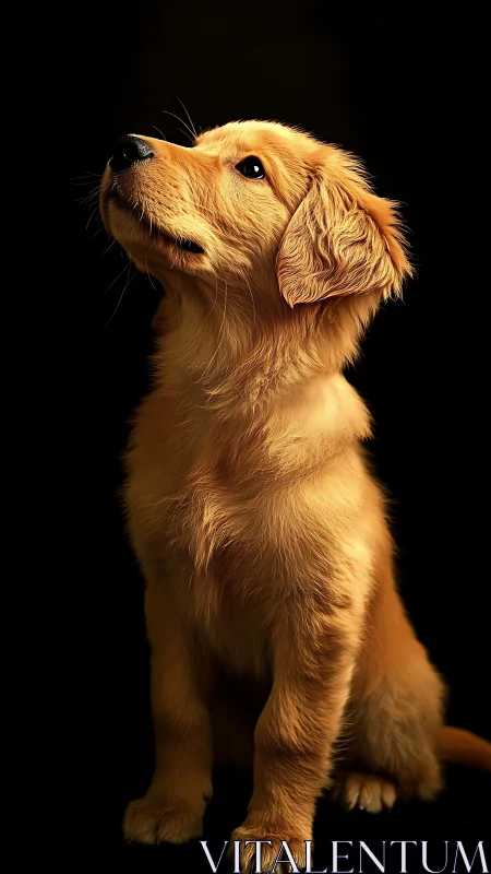 Golden retriever puppy portrait on deep black background.