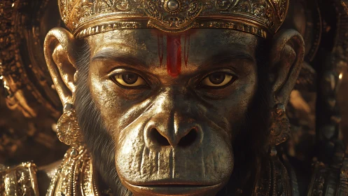 Mythic simian deity rendered in gilded cinematic closeup.