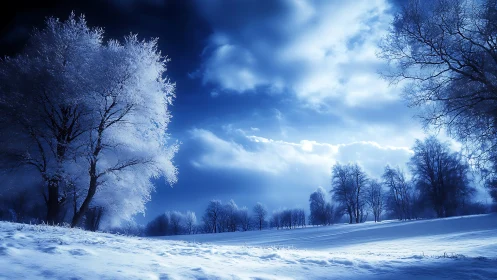 Moonlit winter trees glowing softly in peaceful blue snow.