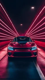 Red sports car stands centered in neon lit tunnel at night