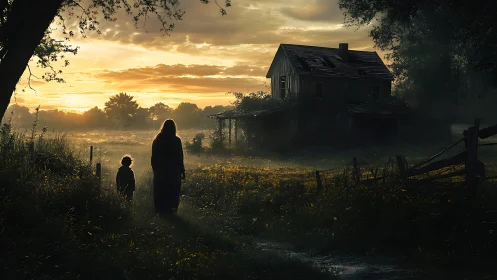 Rural dusk silhouettes before weathered farmhouse horizon.