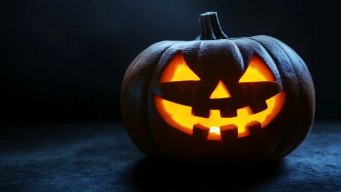 Glowing jack-o’-lantern smiles in a dark Halloween scene.