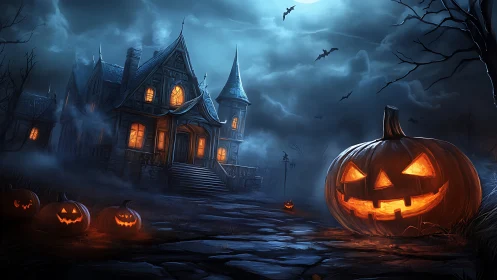 Halloween pumpkins and old house under cloudy night sky.