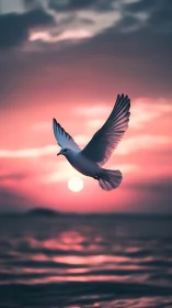 Seagull in mid-flight cuts across luminous magenta seascape