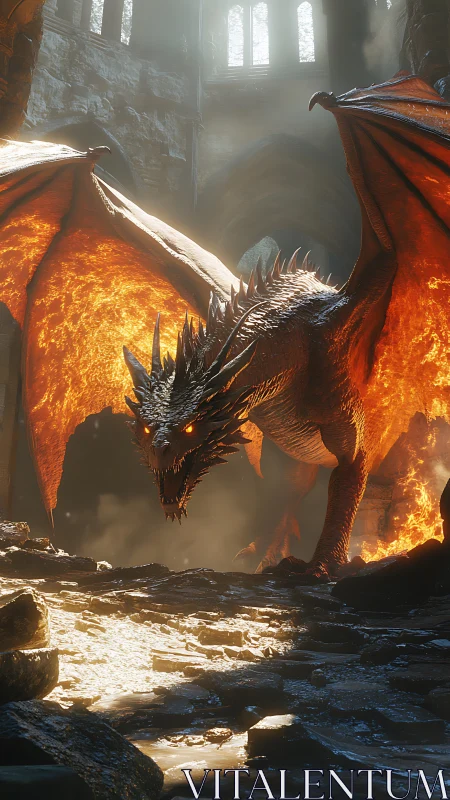 Fire-breathing dragon storms a ruined stone cathedral.