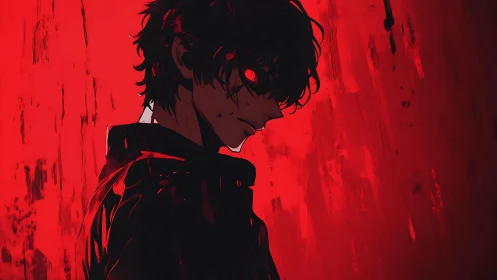 Dark-haired anime figure stands in red-lit shadow profile