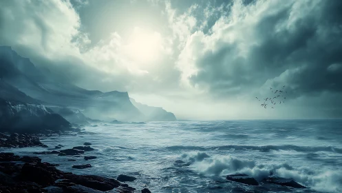 Spectral coastal seascape with volumetric storm lighting study.