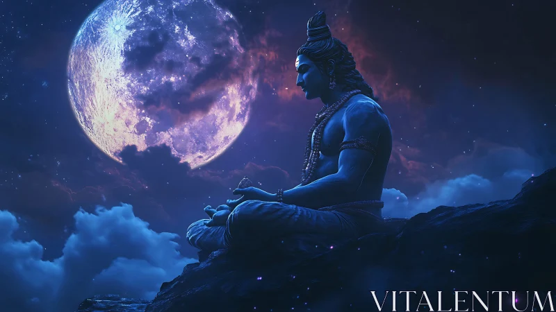 Moonlit meditating deity rests above luminous night clouds.