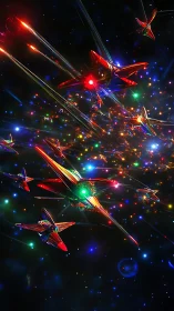 Crystalline starships streak through a kaleidoscopic galaxy.