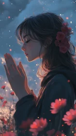 Midnight meadow prayer with ember-lit wishing girl.