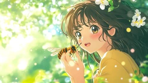 Sunlit girl with bee in dreamy spring garden illustration.
