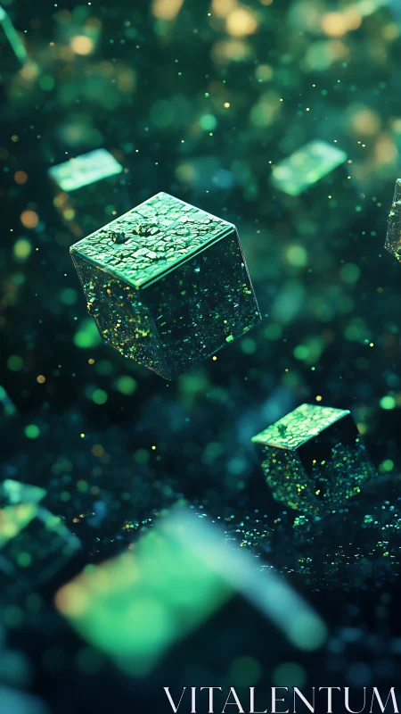 Floating illuminated cubes occupy a shallow depth-of-field space