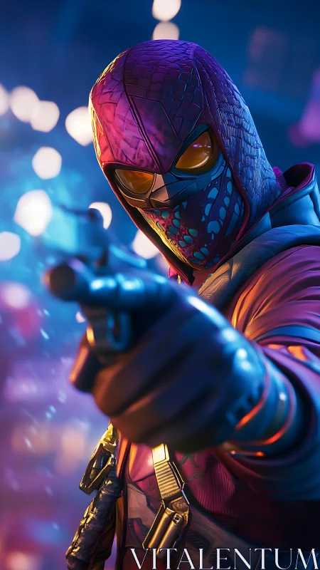 Masked urban vigilante in neon environment pointing forward.