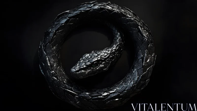 Dark metallic ouroboros snake in a coiled circular form, digital art.