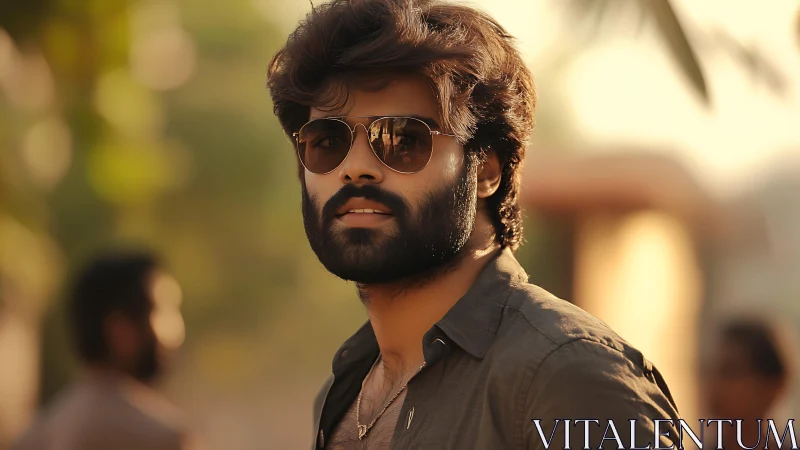 Bearded man in sunglasses under warm cinematic backlight.