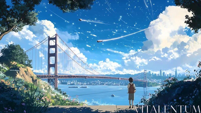 Anime cityscape frames meteor trails above Golden Gate Bridge