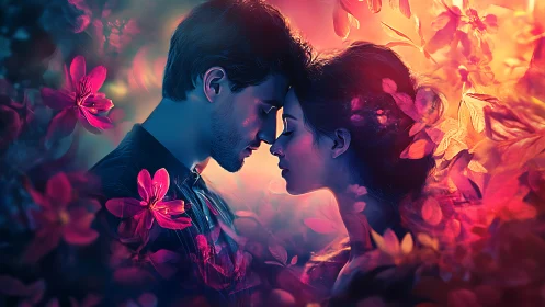 Two figures in profile with pink flowers and warm lighting effects