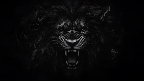 Digital painting of roaring lion head on black void field.