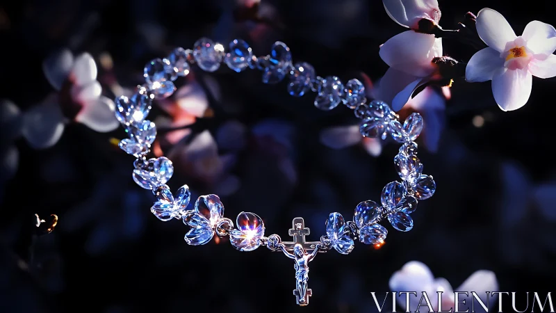 Crystal rosary bracelet suspended among soft blossoms.
